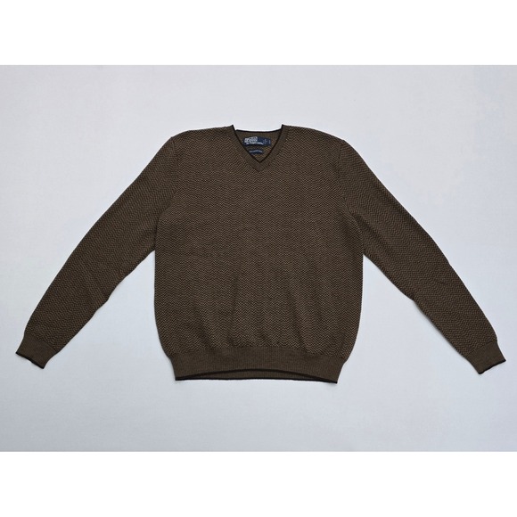 Polo Ralph Lauren Mens Brown Herringbone V-Neck 100% Merino Wool Sweater Size M - Picture 2 of 12